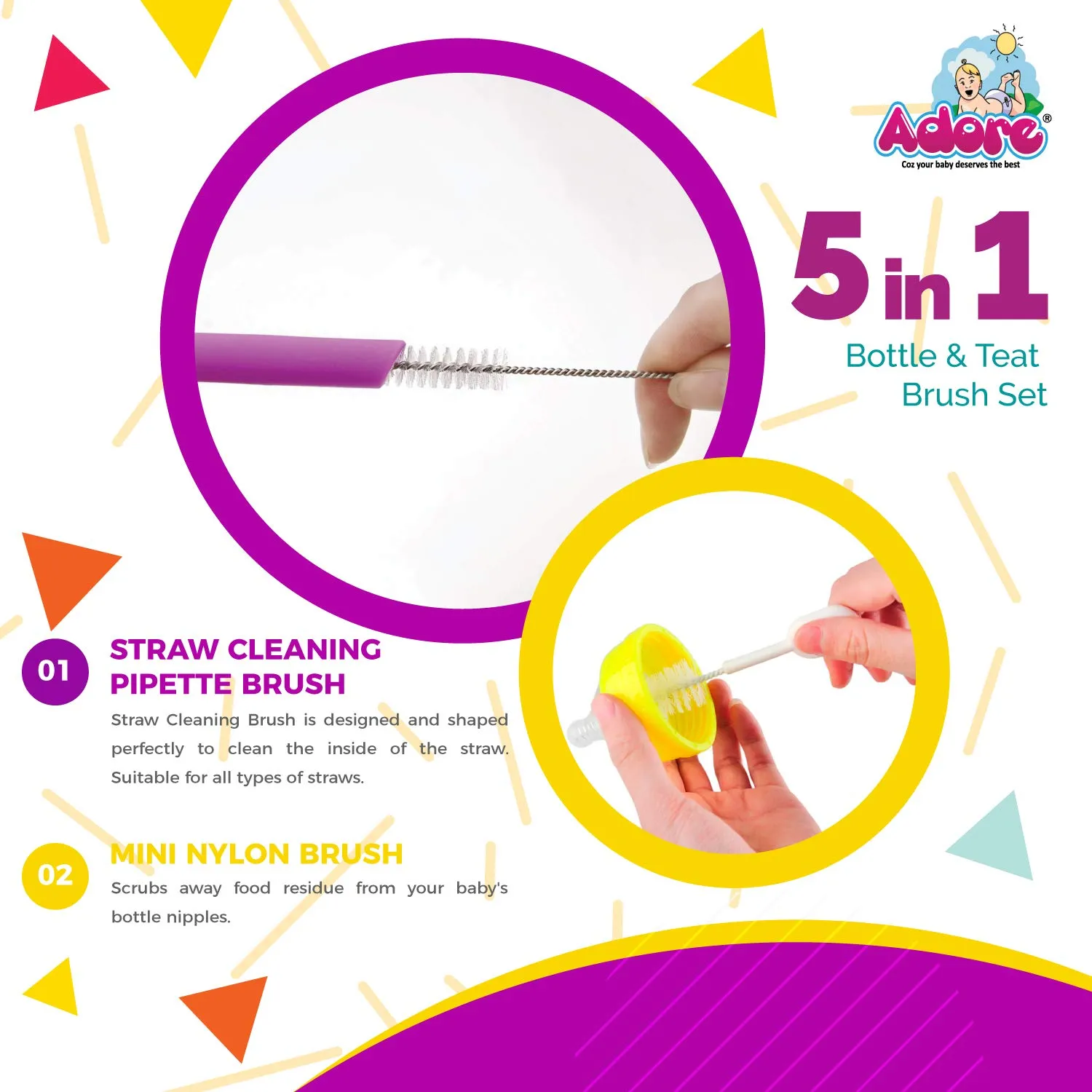 Adore Bottle Nipple and Straw Cleaning Kit, Multi Color Feeding Bottle Cleaner Brush (Cleaning Brush Kit) (5 in 1 Kit)